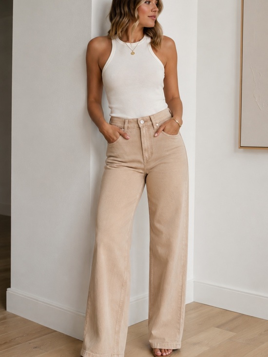 PAIGE Denim - PAIGE Anessa Wide Leg Jeans Beige Sand High Rise Size 24